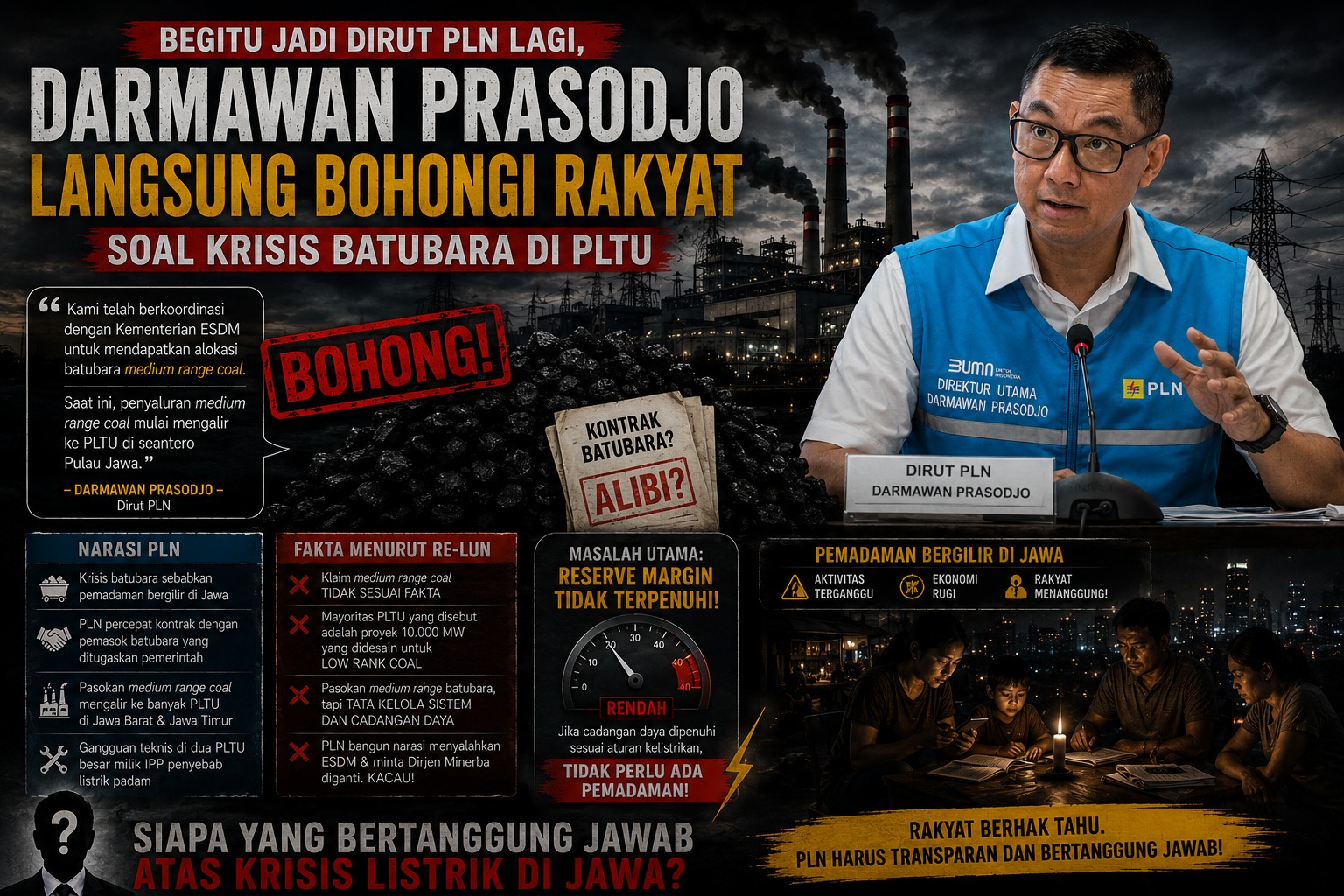 Begitu Jadi Dirut PLN Lagi, Darmawan Prasodjo Langsung Bohongi Rakyat Soal Kebutuhan Batubara PLTU
