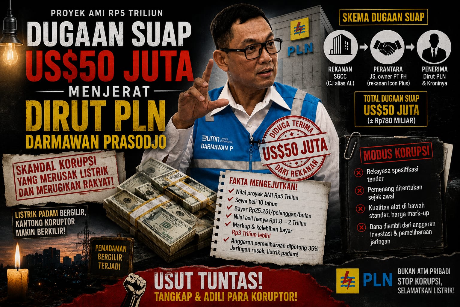 Seret Nama Dirut PLN Darmawan Prasodjo, Re-LUN Ungkap Skema Dugaan Suap US$50 Juta Proyek AMI